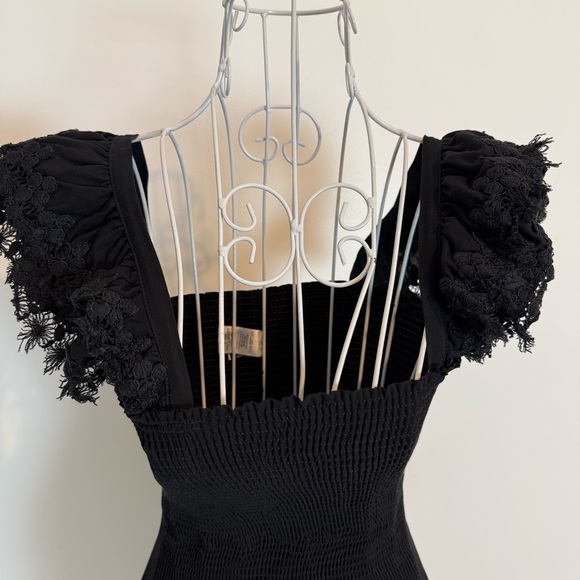 Peixoto Belle Mini Dress smocked ruffled square neck black rayon SZ S bodycon - Picture 4 of 9